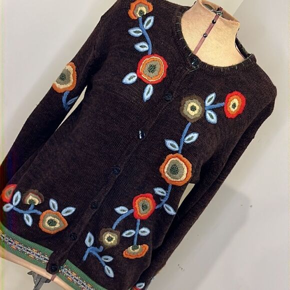 Vintage Terazzo Brown Floral Embroidered Cardigan Sweater - Size Medium - Picture 1 of 12